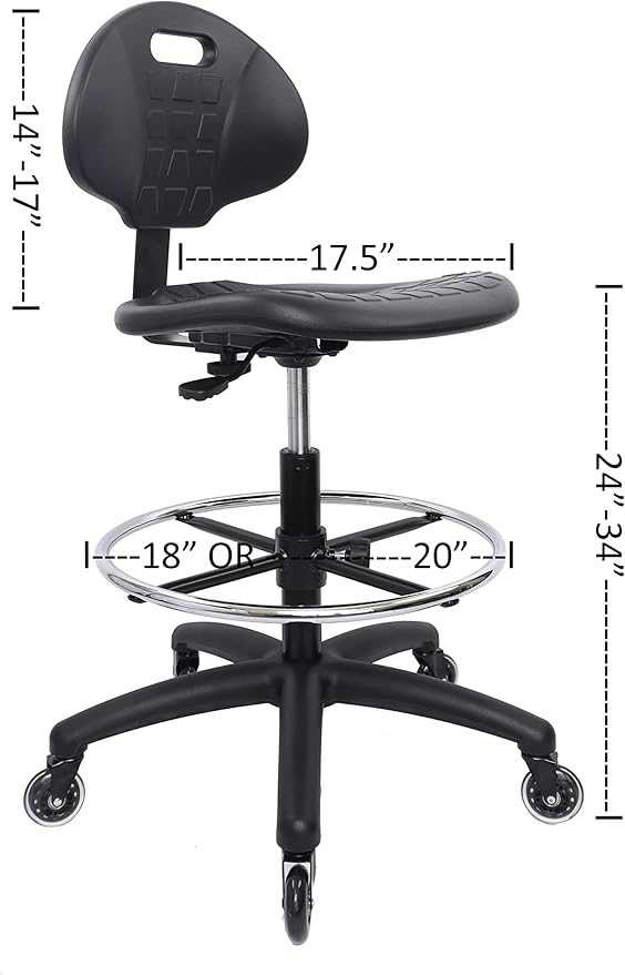 CHAIR MASTER Drafting Stool - Easy to Clean! Ergonomic Polyurethane Chair. Seat Height Adjustable w/Heavy Duty Footring for Home, Automotive, Lab, Cleanroom (Soft Roller Blade Casters, Tall Stool)