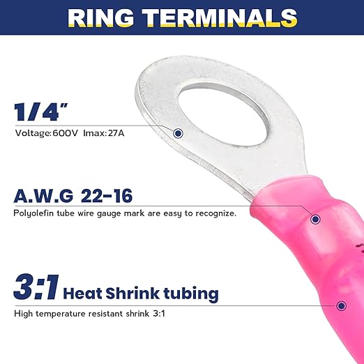 haisstronica 200pcs1/4 Red Marine Grade Heat Shrink Ring Connectors,22-16 Gauge Tinned Red Copper 0.7mm Ring Terminals Connectors,Brazed-Seam Insulated Electrical Crimp Wire Terminals