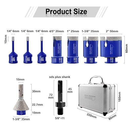 SHDIATOOL Diamond Drill Core Bits,Tile Drilling Core Hole Saw Cutter Beveling Chamfer for Porcelain Marble Ceramic Granite with SDS Plus Adapter 9pcs(6/6/6/20/25/35/50/10-35MM/SDS)
