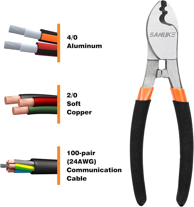 Sanuke Cable Cutters, 6-Inch High Leverage Cable Cutter Heavy Duty-Multifunctional Compact Sharp Cutting for Aluminum, Copper, Wire, Communications Cable