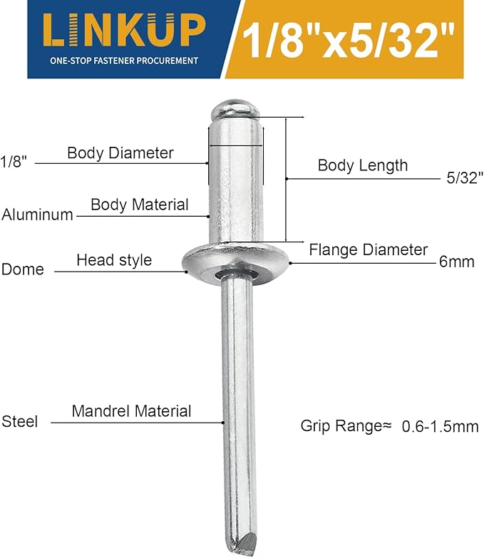 Linkup 420pcs pack 1/8" x 5/32" Pop blind Rivets, 3.2mm x 4mm pop rivets,Aluminum Body Steel Mandrel Rivets (Silver),Dome Head aluminum rivets