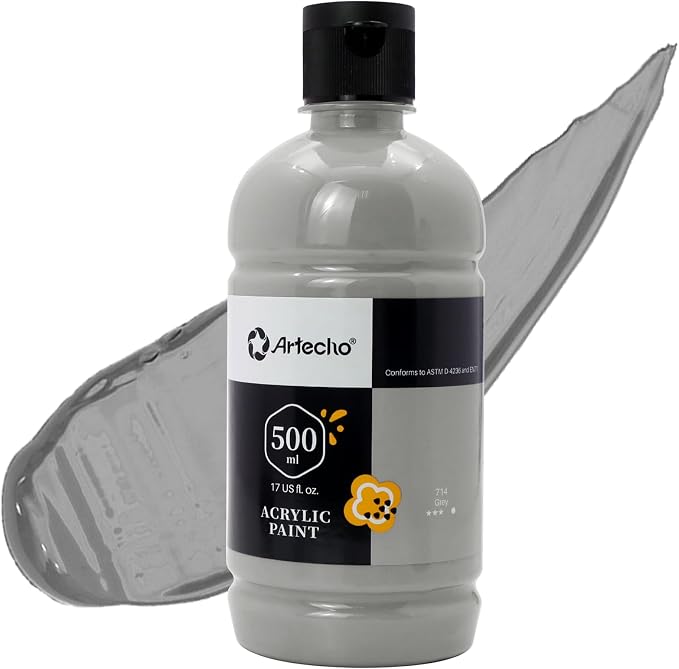 Artecho Grey Acrylic Paint 500ml / 17oz Large Bottle | Semi Glossy Finish by Artecho