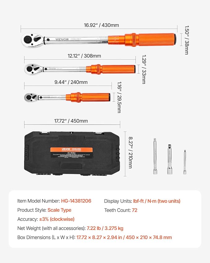 VEVOR Click Torque Wrench Set, 3 Pieces, 1/4, 3/8, 1/2 Inch Drive, 10-170 lbf-ft, 5-45 lbf-ft, 20-240 lbf-in, Dual-direction and Dual Range Scales, 72-Tooth, ±3% High Precision, for Bicycle Repair