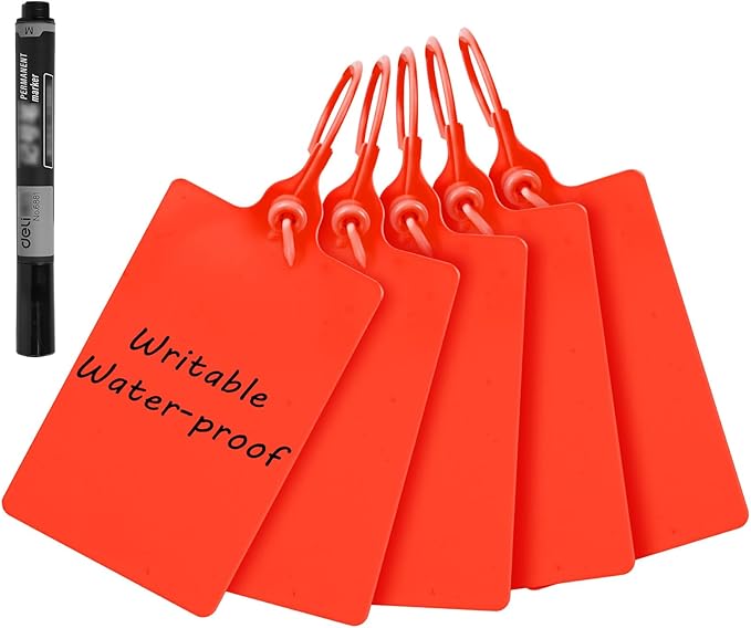 100 Plastic Waterproof Shipping Tags - Writable Marker Ties, Hanging Security Tamper Seals for Labeling and Storage - With One Marker Pen (Red)
