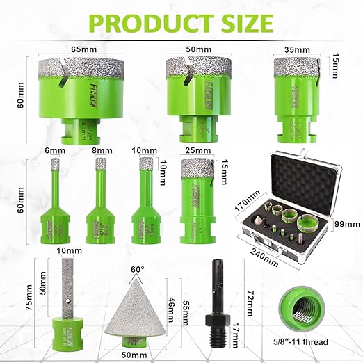 Diamond Core Drill Bits Set - 10pcs Tile Hole Saw Kit 6/8/10/25/35/50/65mm with 2" Diamond Beveling Chamfer Bits for Porcelain Ceramic Tile Granite Marble