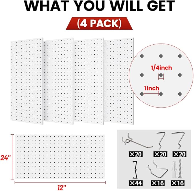 Pegboard, Metal Peg Board, Pegboards Wall Organizer with 76 Pcs Hooks, Sturdy Peg Board for Garage Tool Organization, Home & Office Wall Decoration (White, 4 Pack)