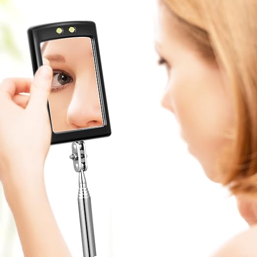 3 Pieces Telescoping Inspection Mirror Inspection Tool for Check the Condition of Vehicle, Observe the Eyelashes, Mouth and Other Small Parts(Rectangle with Light,7.9 x 2.5 x 1.2 Inch)