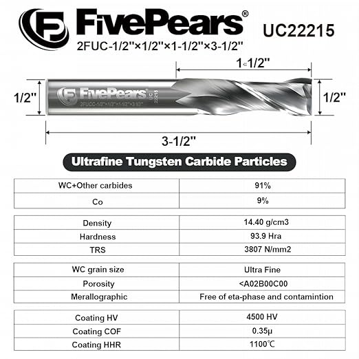FivePears Up Cut Spiral Router Bit for CNC, 1/2 inch Cutting Diameter and 1-1/2 inch Cutting Length 1/2 inch Shank Carbide End Mill Router Bit for Wood Carving Engraving Grinding Grooving