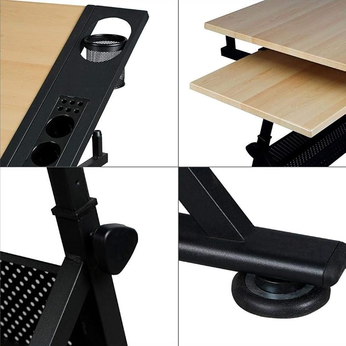 Yaheetech Adjustable Drafting Table Art Desk, Storage Drawers & Stool, Wood | - Image 9