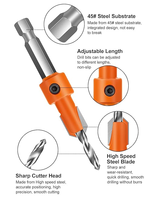 Countersink Drill Bit Set Hex Shank Woodworking: 5Pcs Tapered Pilot Hole Bits with Quick Change – Ideal for Carpentry, DIY & Home Repair Projects