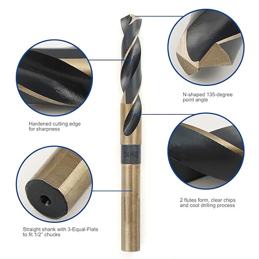 COMOWARE 3/4" Reduced Shank Drill Bit, HSS M2, Black & Gold Drill Bit with 3-Flat 1/2" Shank, 135° Split Point, Metal Drills Bits for Steel/Aluminum/Iron/Plastic/Wood, for Electricians & DIY