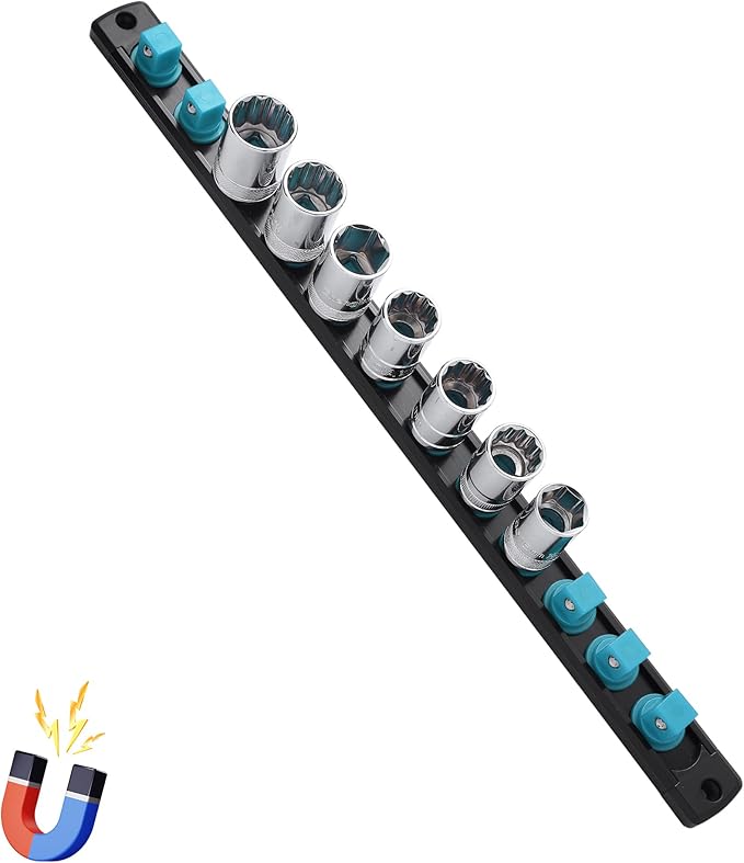 1/2-Inch Drive Magnetic Socket Organizer, Heavy Duty Aluminum Socket Rail Organizer, 360° Swivel Clips Socket Holder Kit for Tool Box, 1/2-Inch Socket Holder x 12 Clips (Aqua Blue)