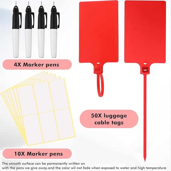 Pajean Waterproof Plastic Tags with Marker Pens and Sticker Labels, Self Locking Bag Writable Tags with Wire Cable Ties for Luggage(Red,50 Pieces)
