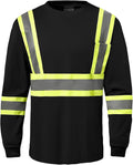 Hi Vis Safety Long Sleeve Shirts，High Visibility Class 3 T Shirts with Reflective Strips and Pocket, Quick Dry Mesh Construction Work Shirt for Men/Women (Black,M)