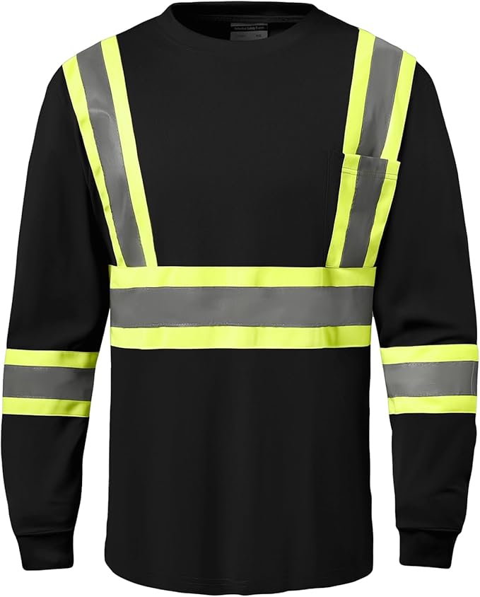 Hi Vis Safety Long Sleeve Shirts，High Visibility Class 3 T Shirts with Reflective Strips and Pocket, Quick Dry Mesh Construction Work Shirt for Men/Women (Black,M)