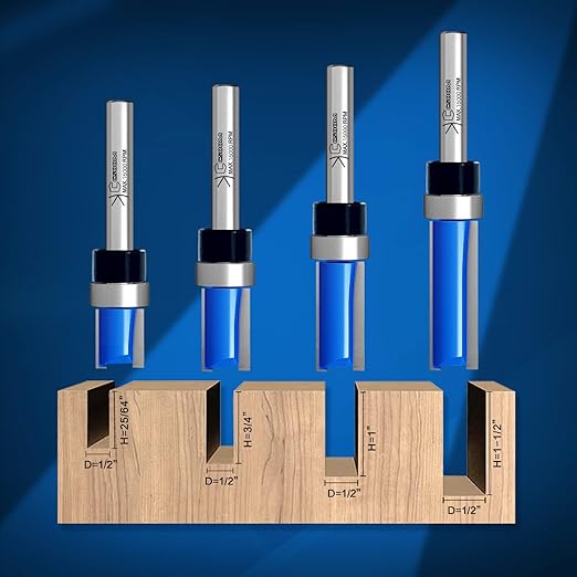 CSOOM 4PCS Professional Pattern Flush Trim Router Bits Set, 1/4” Shank Carbide Top Bearing Flush Trim Router Bits,Cutting diameters of 25/64", 3/4", 1", 1-1/2"