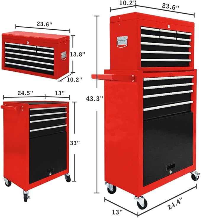 Kirmoasl 13-Drawer Rolling Tool Chest,Large Tool Chest with Wheels,2 in 1 Detachable Tool Chests,Portable Tool Storage,Locking Mechanic Tool Box for Warehouse,Garage (Red&Black)
