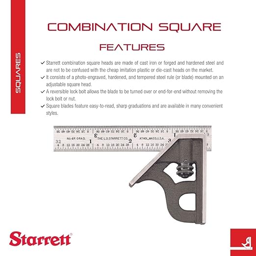 Starrett Steel Combination Square with Square Head - 4" Blade Length, Cast Iron Heads, Hardened Steel, Reversible Lock Bolt, 4R Graduation Type - 11H-4-4R