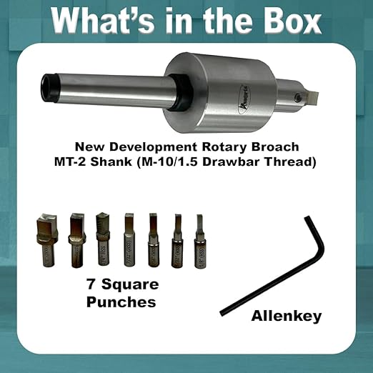 ASSORTS Precision Rotary Broach with MT-2 Shank (M-10/1.5” Drawbar Thread) and H.S.S Square Punch 7 Pcs– Ideal for CNC, Lathe, Milling & Drilling Machines