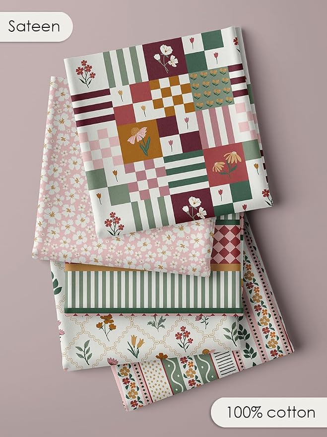 Pink & Green Floral Cotton Fabric Bundle, 5 Coordinating Fabric Panels - Image 4