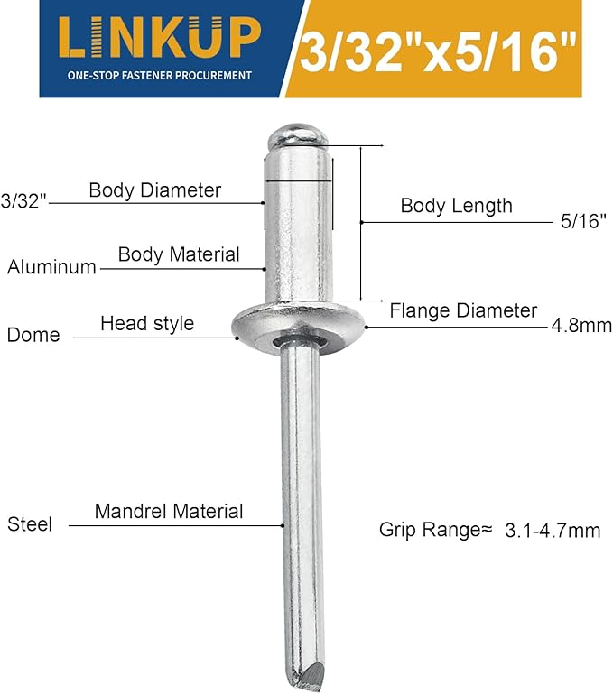 Linkup 600pcs pack 3/32" x 5/16" Pop blind Rivets, 2.4mm x 8mm pop rivets,Aluminum Body Steel Mandrel Rivets (Silver),Dome Head aluminum rivets