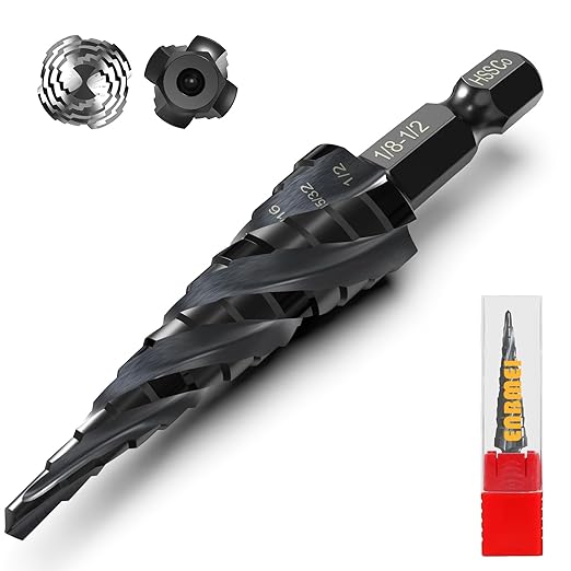 M35 Cobalt Step Drill Bit - 1/8" to 1/2" (13 Sizes) - Unibit Four Spiral Flute - 1/4" Hex Shank - Metal Drilling Bit: High Strength, Durability, Efficient
