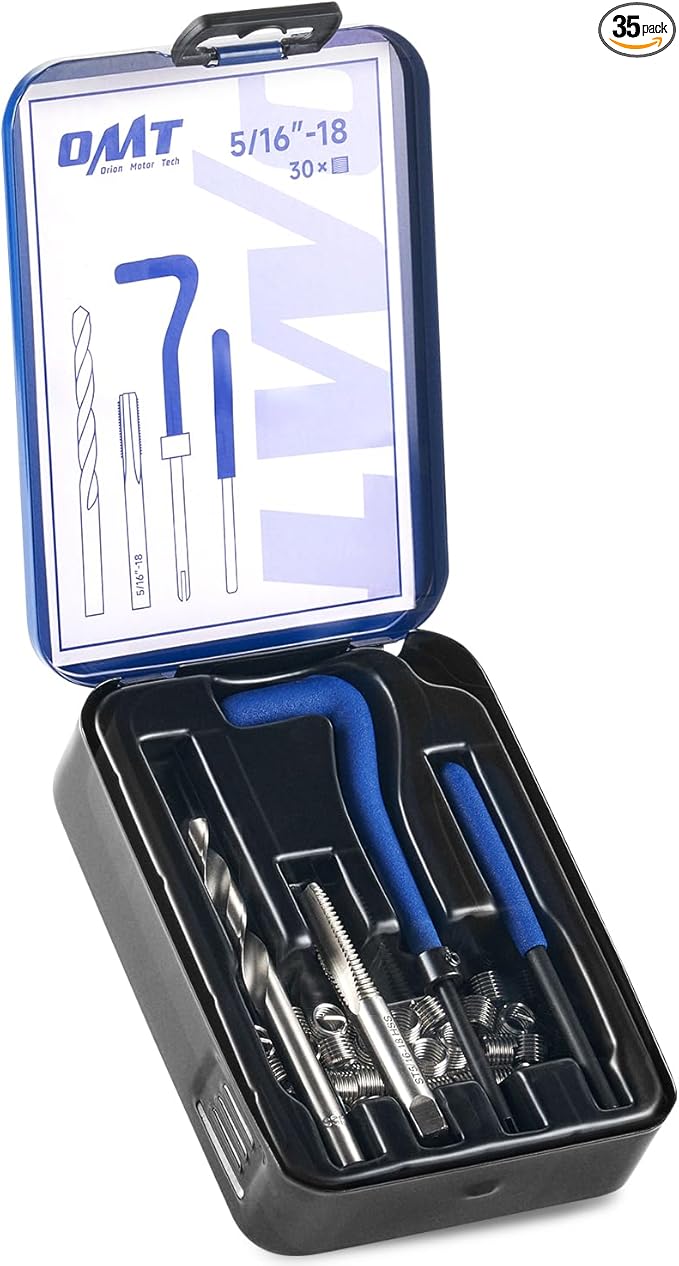 Orion Motor Tech Helicoil Thread Repair Kit, 5/16"-18 Thread Repair Tool Set with HSS Drill Bit & 30 Thread Inserts, SAE Thread Repair Installation Kit for Rethreading Internal Threads with Carry Case