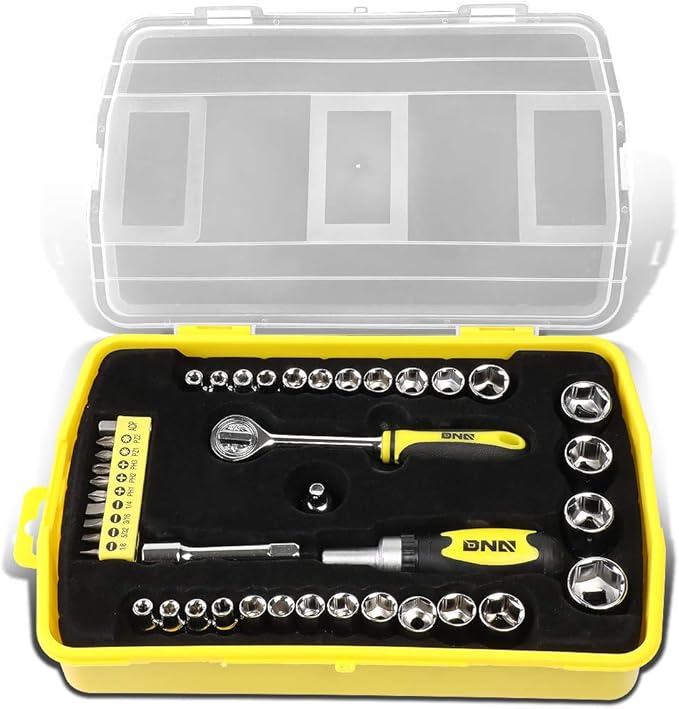 DNA MOTORING Home Repair Tool Set, Magnetic Screwdriver Socket Set, Ratchet Screwdriver Tools Set for Mechanics and DIY, w/Storage Box, Yellow, TOOLS-00036