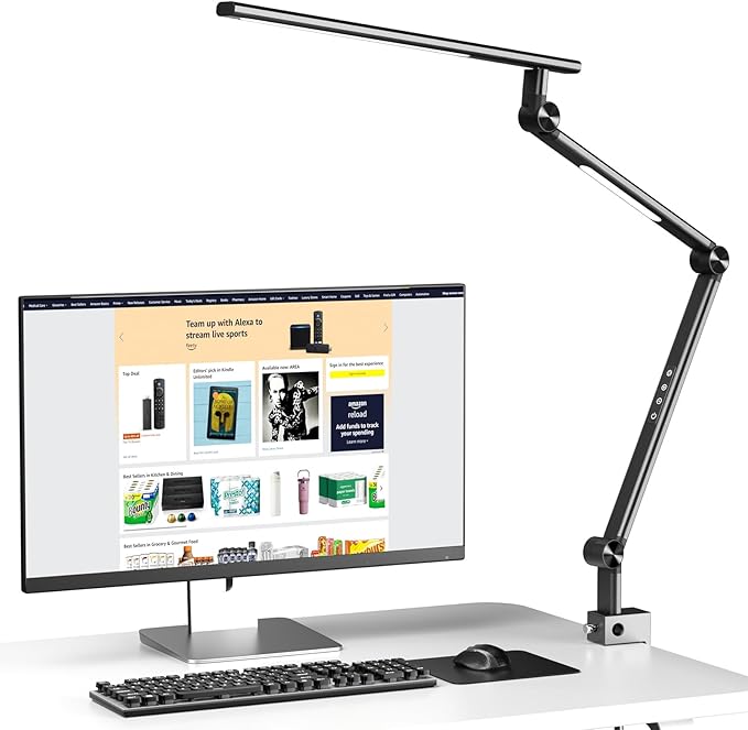 VERSKI LED Desk Lamp, Desk Light for Home Office, Dual Light Source 18W Brightest, Eye-Caring Optical Lens, Office Lamp, 5 Color Modes & Brightness, Aluminum Alloy Drafting Light, Clamp Lamp