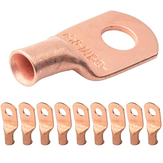 SELTERM 10pcs 8 AWG - 1/4" Stud (Wide Pad) - Battery Lugs, Heavy Duty Wire Lugs, Ring Terminals, Battery Cable Ends,8 Gauge Terminals, UL Bare Copper Eyelets Electrical Battery Terminal Connectors