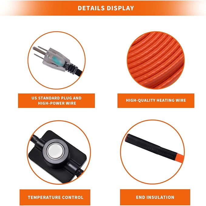 30FT Heat Tape for Water Pipes Freeze Protection IP65 Waterproof 7W/FT 110V BDDFOTO Heat Cable with GFCI Protection and Thermostat,Self-Regulating Pipe Heater for Roof/RV/Water Storage Tank