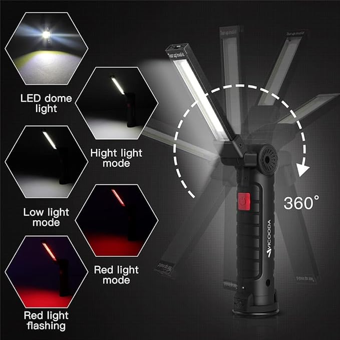 LED Rechargeable Work Light with Magnetic Base, Hanging Hook, 360° Rotate, 5 Modes, USB Portable Mechanic Light for Car Repair, Grill, Outdoor, Emergency, Tight Spaces (4 Pack)