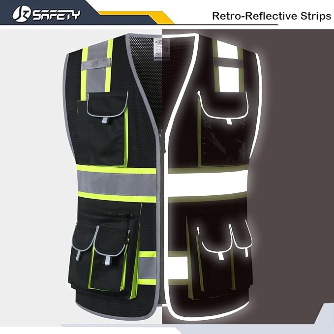 JKSafety 10 Pockets Hi-Vis Neon Color Frontal Zipper Mesh Safety Vest for Men Women Safety Utility for works Comply to ANSI/ISEA Standards (86-Black 3XL)
