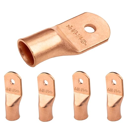 SELTERM 5pcs 4/0 AWG 1/4" Stud Copper Wire Lugs, Ring Terminals, Battery Cable Ends, 0000 Gauge Ring Terminal Connectors, UL Heavy Duty Bare Copper Eyelets Battery Terminal Connectors