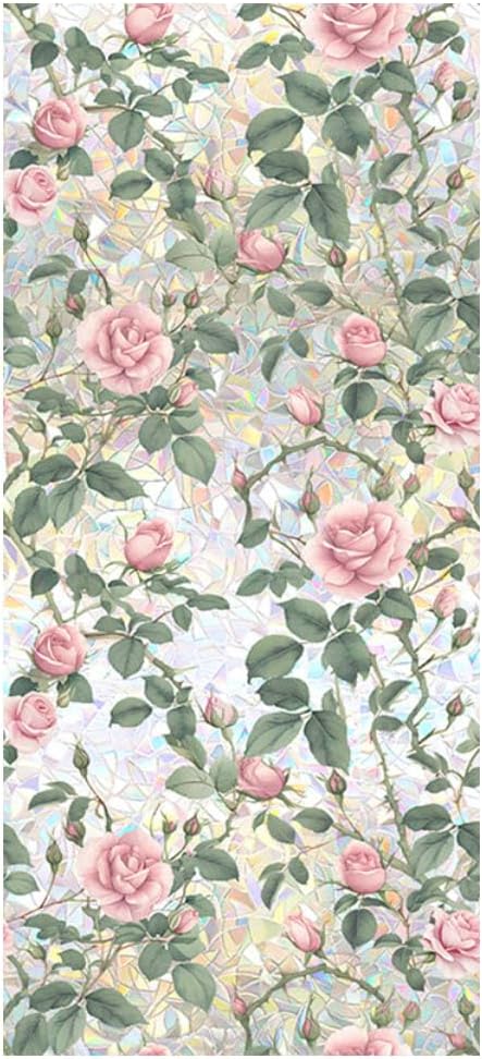 JOONOR Retro Pink Rose Flowers Window Privacy Film, 3D Stained Glass Rose by JOONOR