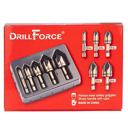 Cobalt Countersink Drill Bits Set(5PCS), M35 HSSCO 82 Degree 5 Flutes,1/4 Inch Quick Change Hex Shank for Stainless Steel, Metal, Wood, Carbon Steel 1/4'' 3/8'' 1/2'' 5/8'' 3/4''