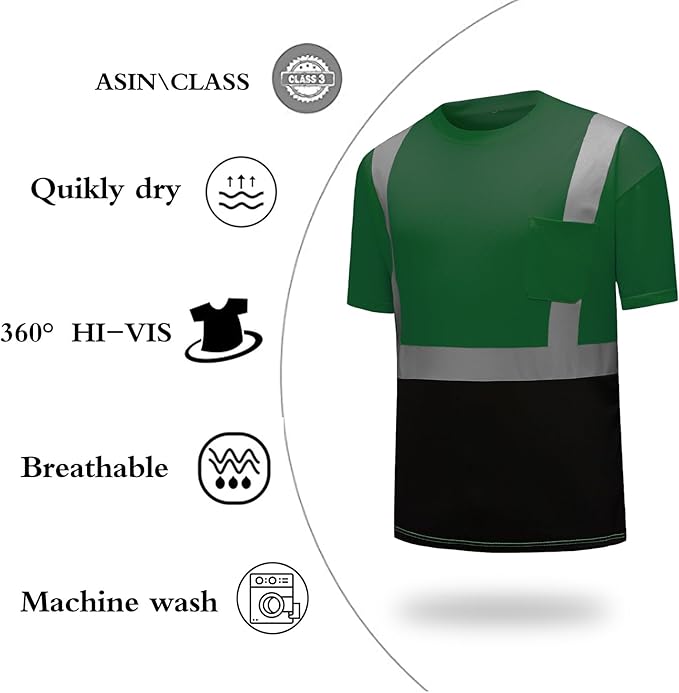 High Visibility Shirts Quick Dry Safety T Shirts with Reflective Strips and Pocket Short Sleeve Mesh Hi Vis Construction Work Class 2 Shirt for Men/Women Black Bottom Green,Small