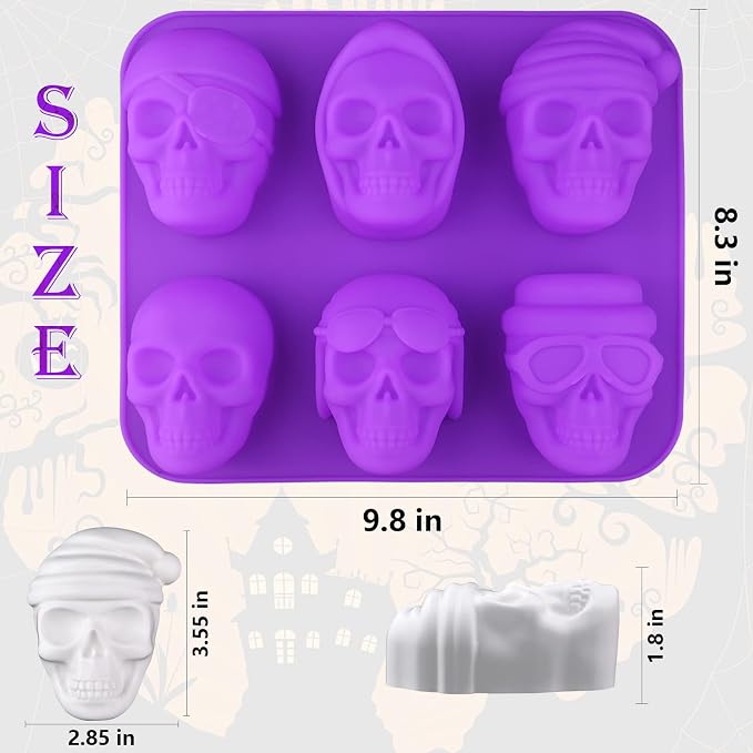 Sakolla Large Skull Cake Pan Silicone Mold, 2 Pack 6 Cavity Halloween Skull - Image 2
