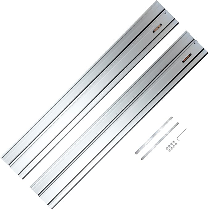 POWERTEC 110" Track Saw Guide Rail Joining Set for Ridgid Track Saws, Include 2x55" Extruded Aluminum Guide Rail and 2 Rail Extension Connectors Perfect for Repeatable Rip Cuts & Crosscuts (71989)