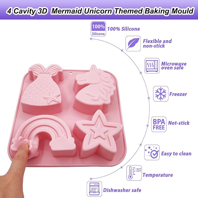 2 Pack Unicorn Molds Silicone 4 Cavity 3D Big Cartoon Themed Baking Mould Tray - Image 3