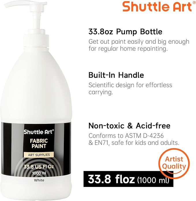 Shuttle Art White Fabric Paint, 33.8 oz Large Bottle - Image 3