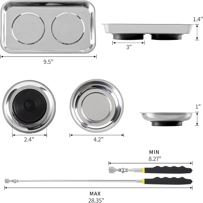 3 Pieces Magnetic Trays with 8LBs Telescoping Magnetic Pick-up Tool Set, 9.5" Rectangle, 2 Pieces 4" Stainless Steel Magnet Parts Tray for Screws, Sockets, Bolts, Mechanic's