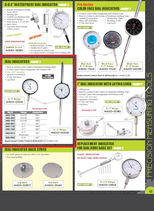 HHIP 4400-1250 Pro Series AGD Group 2 Dial Indicator, .0001" Graduation, 0-100 Reading, 0-0.25" Range