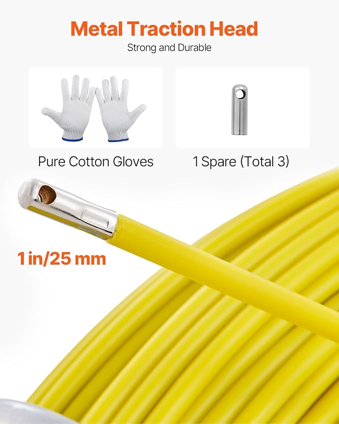 VEVOR Fiberglass Fish Tape 425 FT x 1/4 inch, Fish Tape Duct Rodder Puller with Durable Steel Stand, Non-Conductive Fishtape Wire Cable Running Rod for Walls, Floor and Electrical Conduit