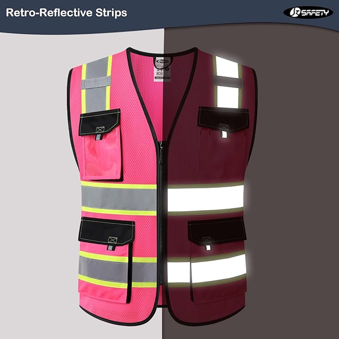 JKSafety Hi Vis Reflective Safety Vests for Men Women High Visibility Vest with Pockets Mesh Fabric Construction Safety Apparel Neon Vest for Work (220-Pink XL)