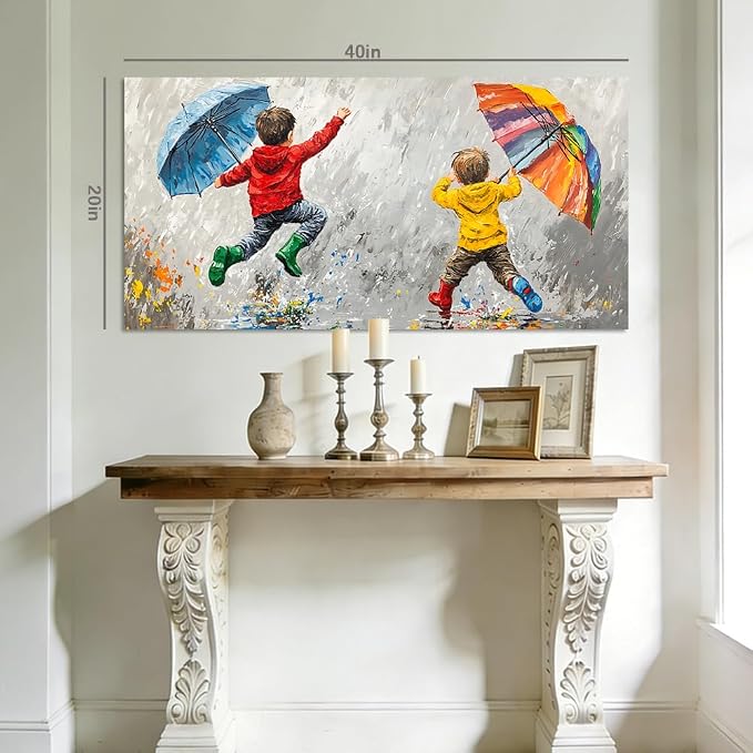 ZESTRILIA Joyful Kids Playing in Rain Canvas Wall Art, Rainbow Umbrella - Image 8