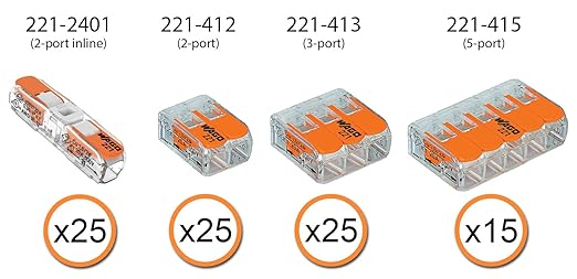 WAGO 221 Lever Nuts 90pc Compact Splicing Wire Connector Assortment with Case. Includes 221-2401, 221-412, 221-413, 221-415