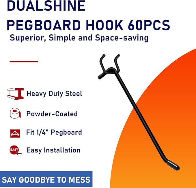 60PCS Black Pegboard Hooks, Pegboard Wall Hook Heavy Duty PegBoard Shelving Hook Fit 1/4" PegBoard Metal Hanging Pegboard Display Hook Holder Organizer for Wall Kitchen Store (6 Inch-60Pack)