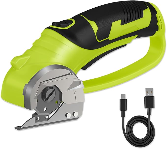 Cordless Electric Scissors, 4V Box Cutter & Cardboard Cutter with Upgrade Blade, LED Light, Safety Lock - Rechargeable Rotary Cutter for Fabric, Leather, Plastic, Crafting, Sewing, Industrial (Green)