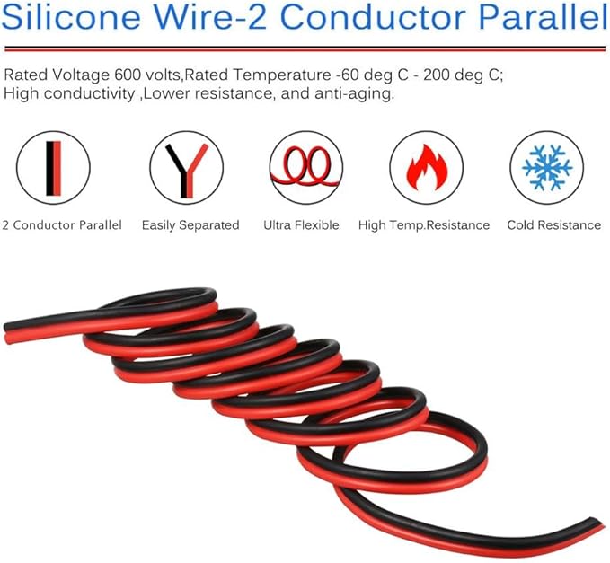 BNTECHGO 12 Gauge Flexible 2 Conductor Parallel Silicone Wire Spool Red Black High Resistant 200 deg C 600V for Single Color LED Strip Extension Cable Cord,Model 250ft Stranded Tinned Copper Wire